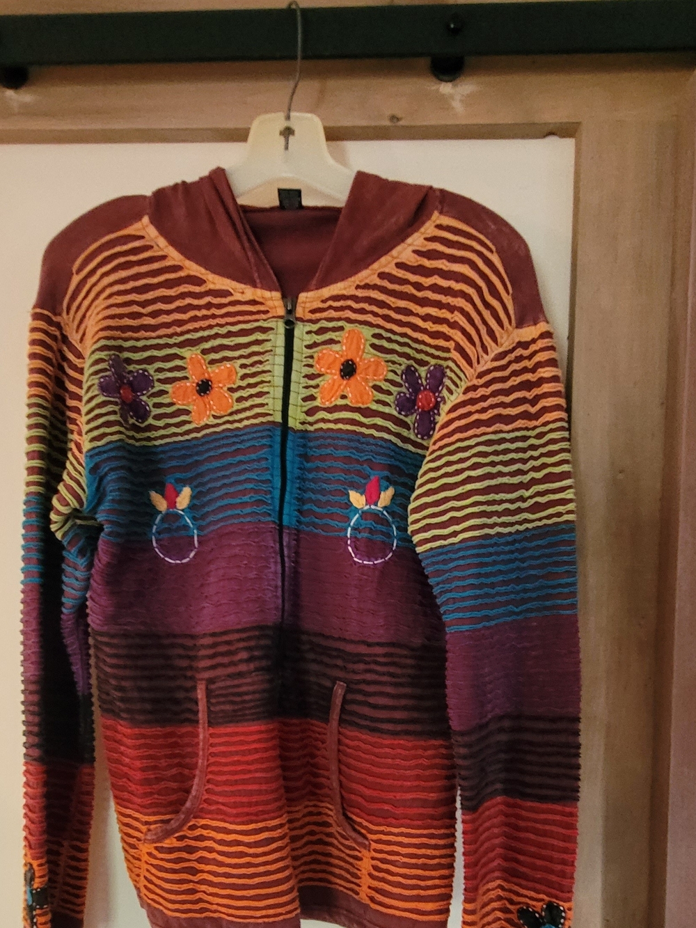Multicolor Striped Floral Zip Hoodie Sweater - Women